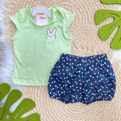 Conj. Blusa Coelhinha e Short Bolinhas Coloridas - Verde